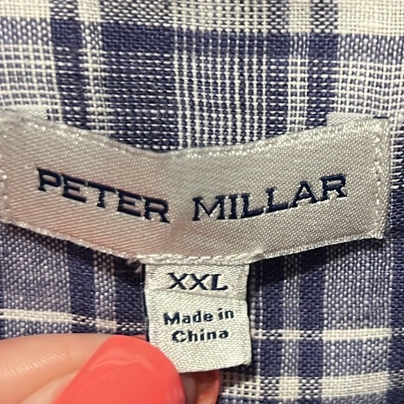 Peter Millar blue & white plaid linen long sleeve button down shirt size XXL - Picture 5 of 7